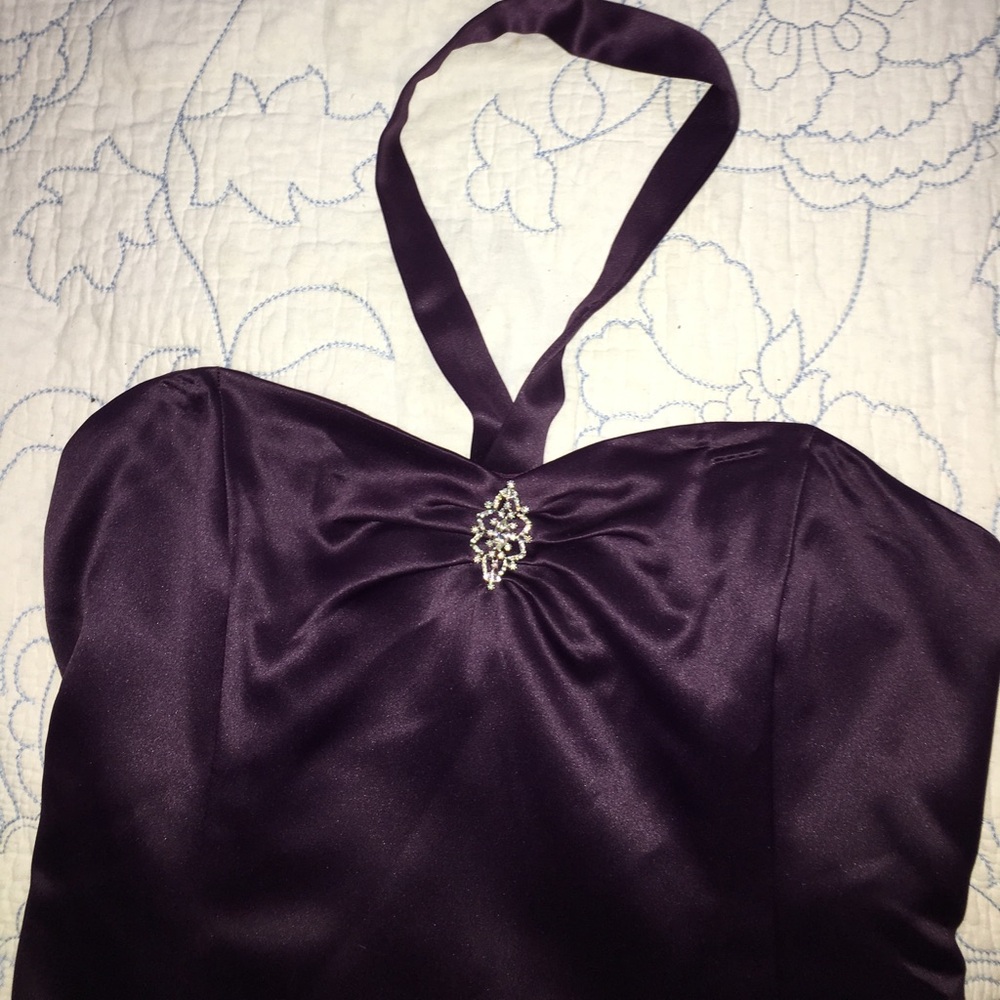 Vintage After Six Plum Satin Halter Evening Dress with Rhinestone Accent